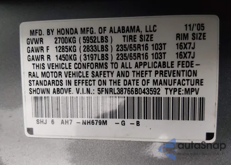 2006 Honda Odyssey Ex-L from USA, damaged, VIN 5FNRL38766B043592